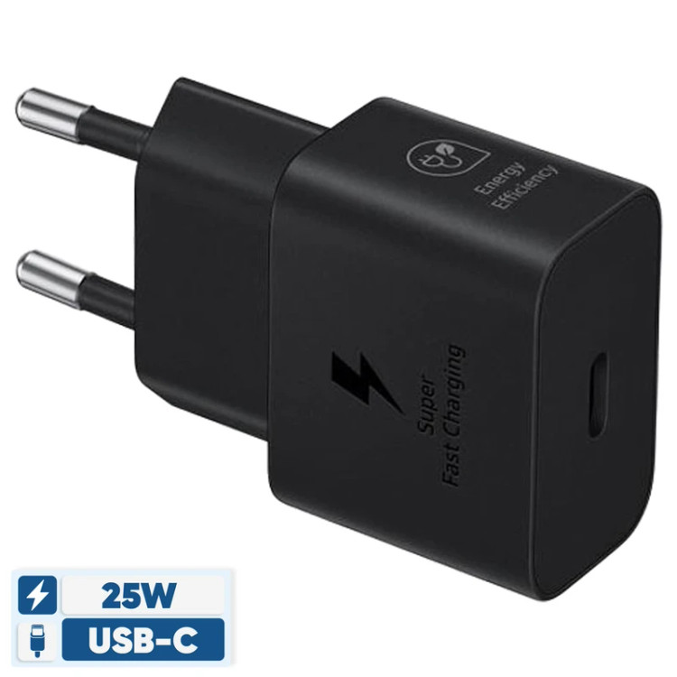 شارژر دیواری 25 وات سامسونگ مدل EP-T2510 با اتصال به پریز دوشاخه (استاندارد ایران) و تکنولوژی شارژ سریع USB PD 3.0، دارای یک عدد درگاه خروجی USB Type-C