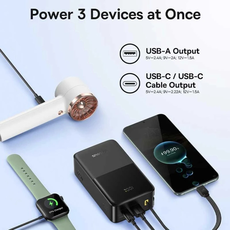 پاوربانک 22 وات بیسوس مدل EnerFill FC51 Bipow 2 Pro ظرفیت 30000 میلیآمپرساعت به همراه کابل متصل USB-C