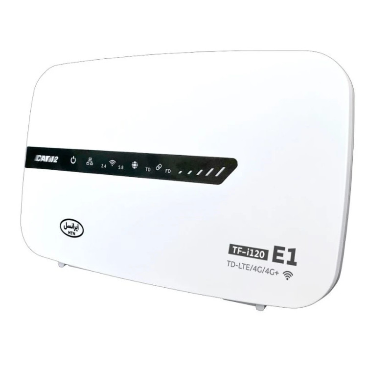 مودم 4G ایرانسل مدل TF-i120 E1 با فناوری LTE Cat 12، سرعت دانلود 600 مگابیت بر ثانیه، آپلود 100 مگابیت بر ثانیه، وایفای دوبانده 2.4 و 5.8 گیگاهرتز، پشتیبانی همزمان 50 کاربر، چهار پورت اترنت، مناسب استفاده خانگی و اداری
