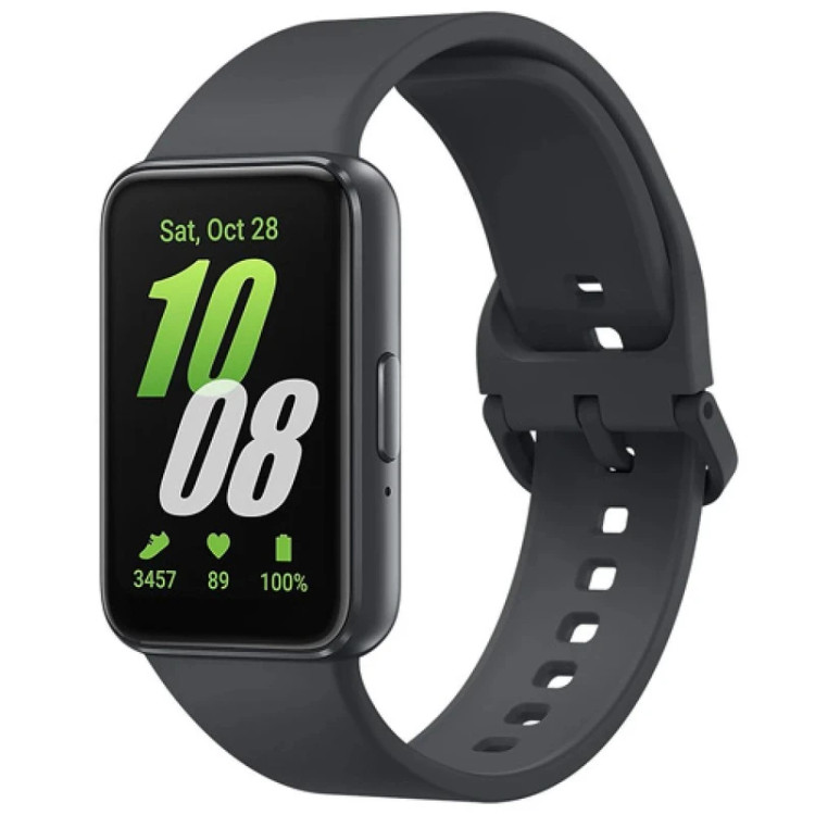 مچبند هوشمند سامسونگ مدل Galaxy Fit3 با بند سیلیکونی، مقاوم در برابر نفوذ آب و گرد و غبار، دارای قابلیت پایش خواب و سنجش سطح استرس، دارای سنسور قطبنما و شتابسنج و امکان ردیابی تمرینات ورزشی