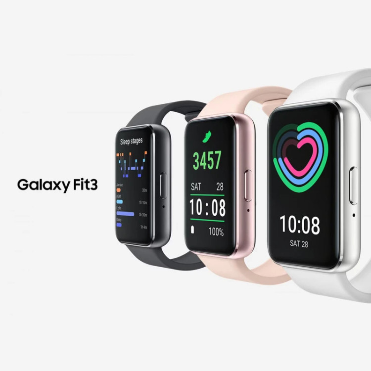 مچبند هوشمند سامسونگ مدل Galaxy Fit3 با بند سیلیکونی، مقاوم در برابر نفوذ آب و گرد و غبار، دارای قابلیت پایش خواب و سنجش سطح استرس، دارای سنسور قطبنما و شتابسنج و امکان ردیابی تمرینات ورزشی