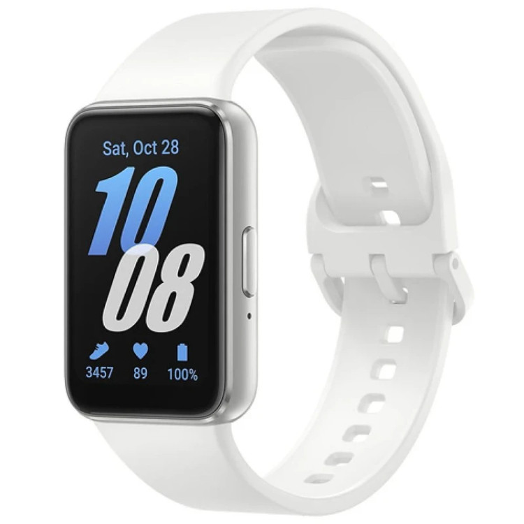 مچبند هوشمند سامسونگ مدل Galaxy Fit3 با بند سیلیکونی، مقاوم در برابر نفوذ آب و گرد و غبار، دارای قابلیت پایش خواب و سنجش سطح استرس، دارای سنسور قطبنما و شتابسنج و امکان ردیابی تمرینات ورزشی