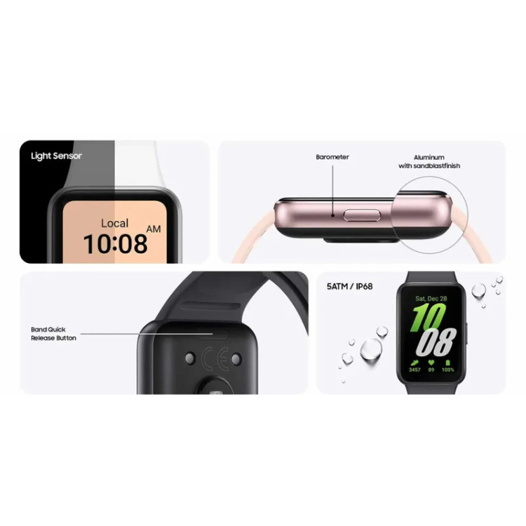 مچبند هوشمند سامسونگ مدل Galaxy Fit3 با بند سیلیکونی، مقاوم در برابر نفوذ آب و گرد و غبار، دارای قابلیت پایش خواب و سنجش سطح استرس، دارای سنسور قطبنما و شتابسنج و امکان ردیابی تمرینات ورزشی