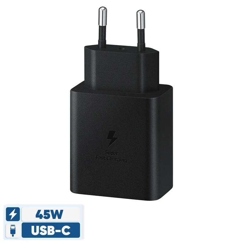 شارژر دیواری 45 وات سامسونگ مدل EP-T4510، اتصال دوشاخه استاندارد ایران، درگاه خروجی USB-C، دارای قابلیت شارژ فوق سریع، ورژن 2 تکنولوژی شارژ PD 3.0