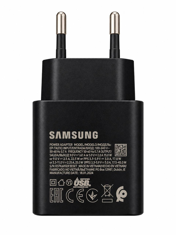 شارژر دیواری 45 وات سامسونگ مدل EP-T4510، اتصال دوشاخه استاندارد ایران، درگاه خروجی USB-C، دارای قابلیت شارژ فوق سریع، ورژن 2 تکنولوژی شارژ PD 3.0