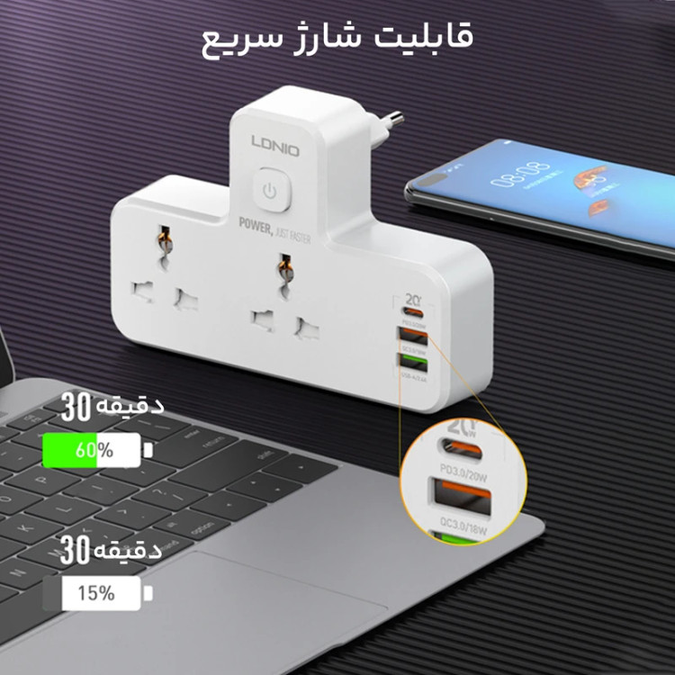 چندراهی برق الدینیو مدل SC2311 با 2 پریز، 2 پورت USB و درگاه Type-C PD، توان 2500 وات، جریان 10 آمپر، شارژ سریع QC3.0 و چراغ خواب LED