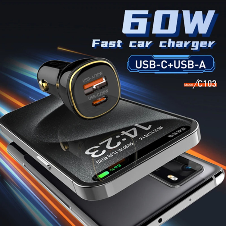 شارژر فندکی 60 وات الدینیو مدل C103 به همراه کابل USB-C