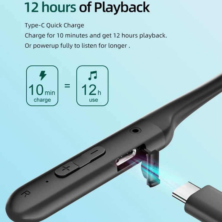 هدفون بلوتوثی گردنی QCY مدل C2 با قابلیت حذف نویز محیطی (ENC)، درگاه شارژ USB Type-C، با قابلیت شارژ سریع، مقاوم در برابر رطوبت و عرق (IPX4)