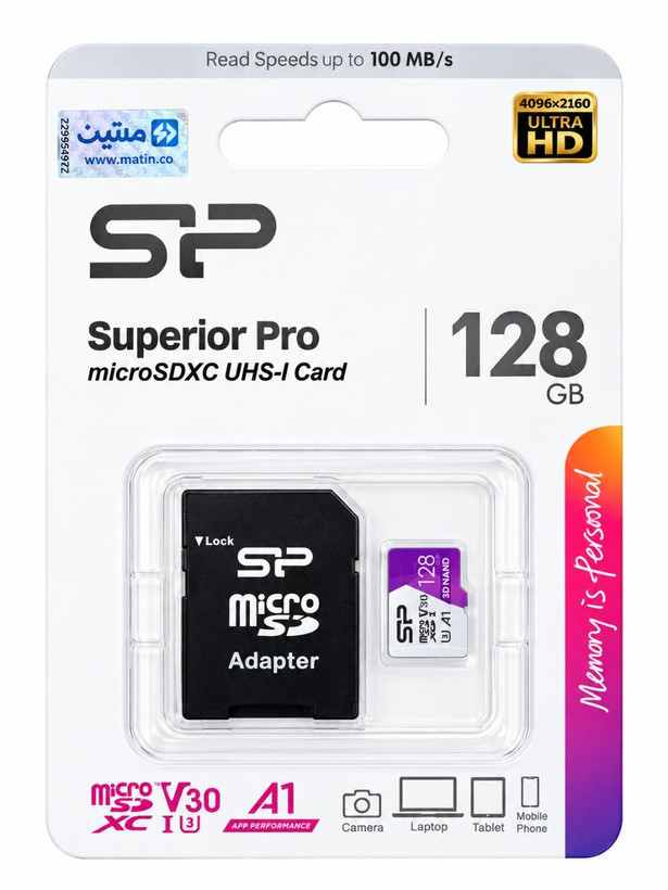 کارت حافظه microSDXC سیلیکون پاور مدل Superior Pro کلاس 10 استاندارد UHS-I U3 سرعت 100MBps ظرفیت 128 گی