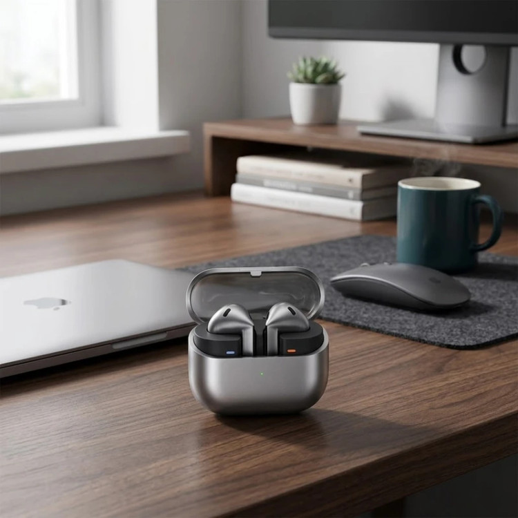 هدفون بلوتوثی سامسونگ مدل Galaxy Buds3 با نویز کنسلینگ فعال (ANC)، نویز کنسلینگ میکروفون (ENC)، درگاه شارژ USB Type-C، با قابلیت اتصال به چند دستگاه، دارای قابلیت صدای 360 درجه، Galaxy AI، میکروفون سه گانه، پشتیبانی از فرمان لمسی، ضد آب و گرد و غبار